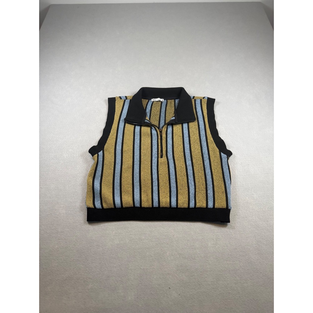 Zara Womens Large Gold Blue Striped Knit Quarter Zip Sweater Vest Sleeveless Top